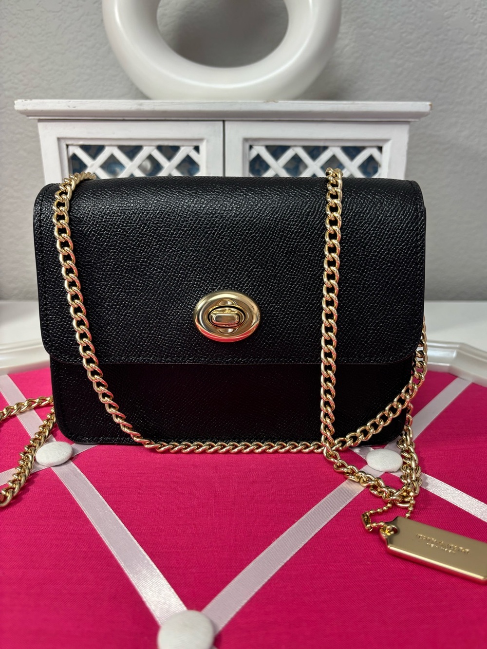 Coach Bowery Mini Black Crossbody Bag with Gold Chain and hang tag. EUC